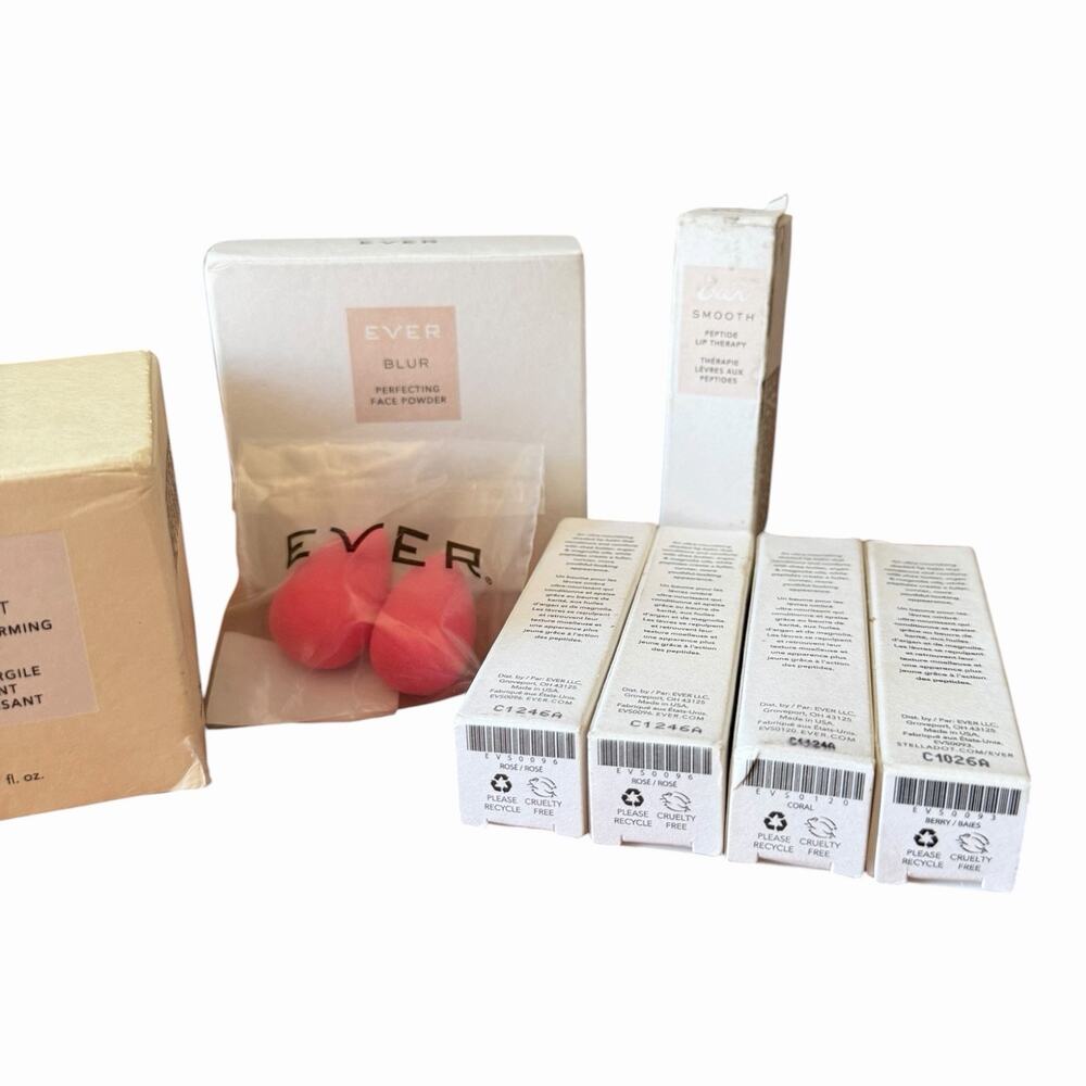 EVER Skincare Makeup Bundle NIP Clay Mask Powder Lip Therapy Set Hyaluronic VitC - Picture 3 of 16